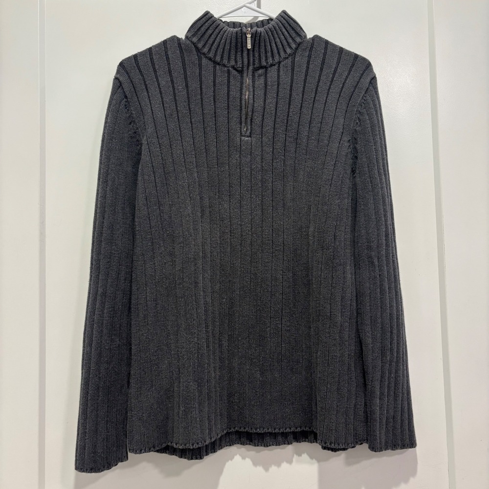 Lauren Ralph Lauren Petite Large Grey Ribbed 1/4 Zip Cotton Sweater Charcoal P/L